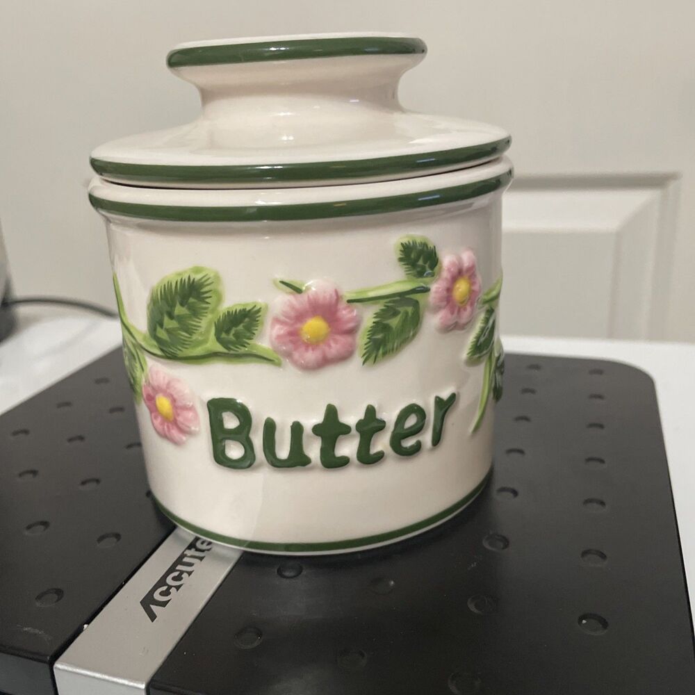 Vintage Original Butter Bell Crock French Country Beurre Pink Green Flowers